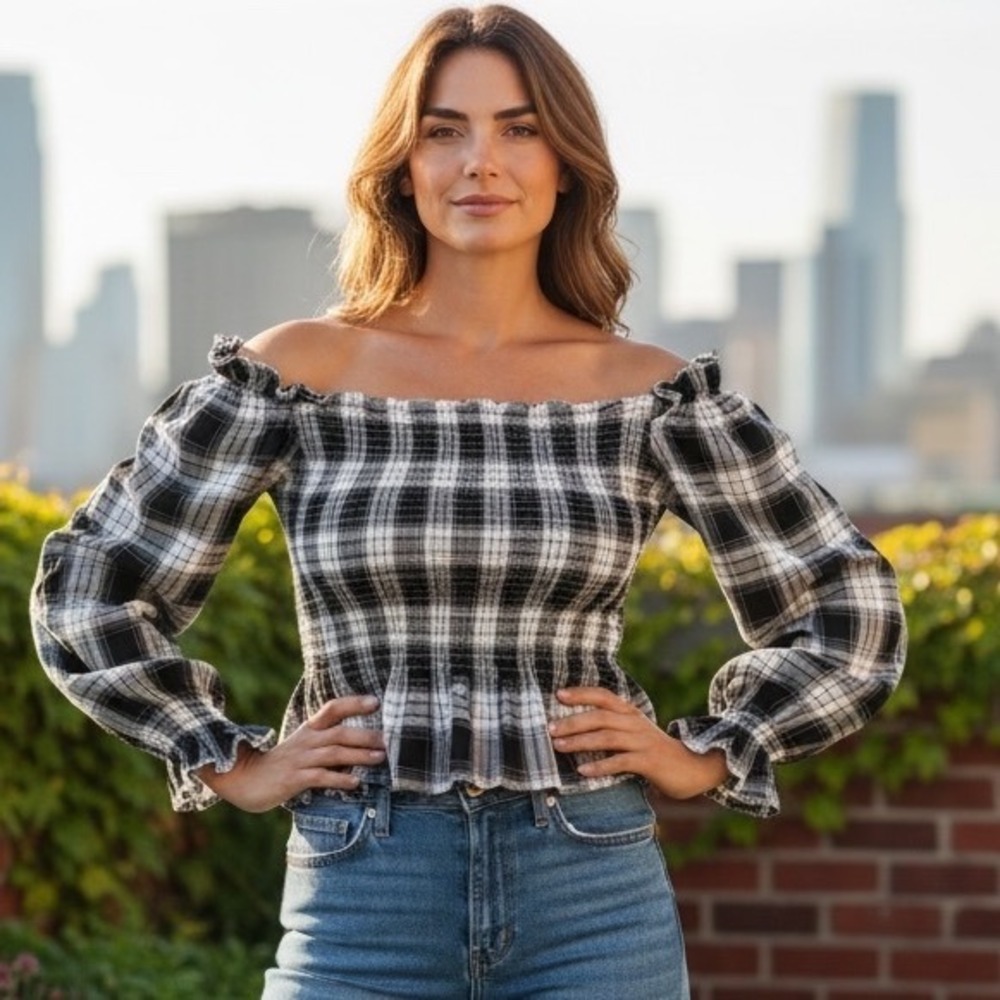 Vestique Black White Plaid Smocked Off Shoulder Peplum Top Cottagecore Prairie M